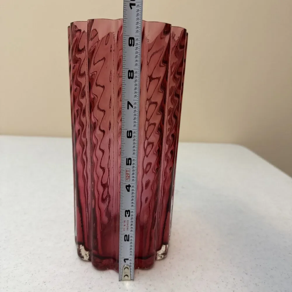 Pilgrim Cranberry Vase Glass Crystal Optic Rib Swirl 9.5” Vintage